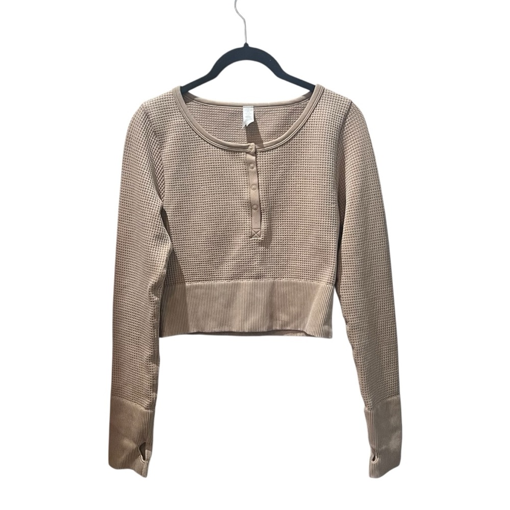 Aerie Tan Crop Waffle Weave Henley Top‎ Size Medium